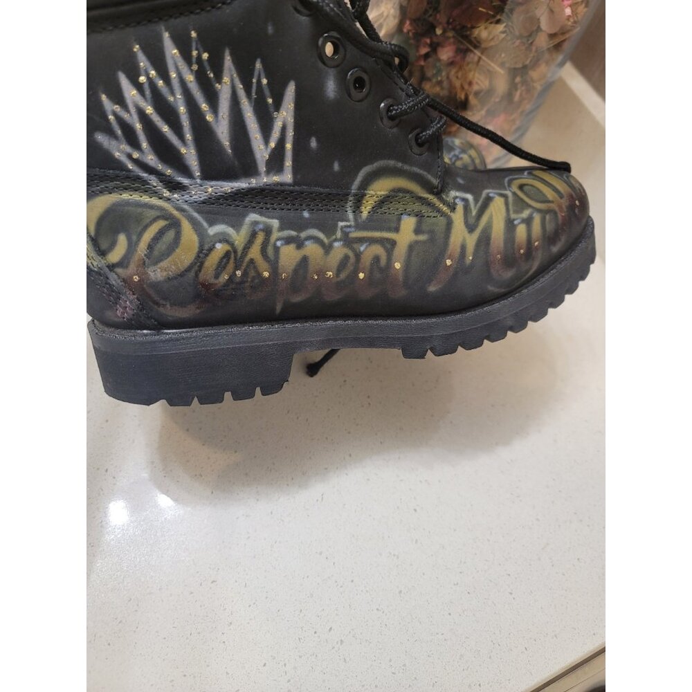 Timberland Wheat 6-inch Nubuck Boots Size US 7 M “Respect My Hustle ” CUSTOM - Picture 11 of 13